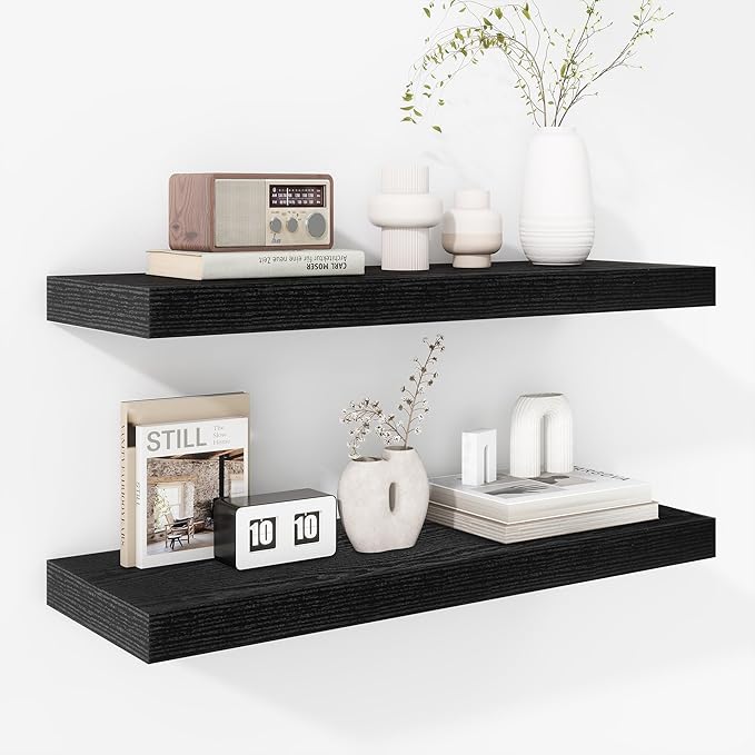 Fun Memories 24 Inch Floating Shelves - Deep Rustic Black Wooden Wall Shelves - Extra Deeper & Thicker Wall Mounted Storage Shelf for Bedroom, Kitchen, Farmhouse - 2 Pack, Rustic Black