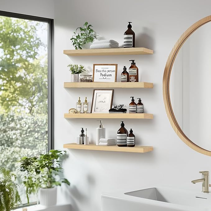 Floating Wall Shelves 4-Pack - Rustic Wood 16-inch Wooden Wall Shelves for Storage and Décor, Multi-Functional and Easy to Install for Living Room, Bedroom, and Kitchen