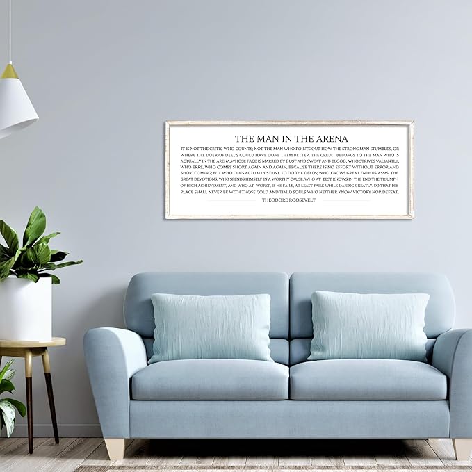 LuZhiQiang The Man in the Arena Wall Decor 40''x15'' Inspirational Quotes Office Wood Framed Sign Rustic Home Motivational Art For Man Entrepreneur Morden Living Room Wall Hanging Decor (White)