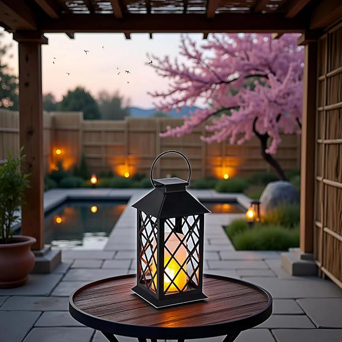 Simplelight 11 Inch Decorative Lanterns-IP44 Waterproof Outdoor Hanging Lantern, Battery Operated Decorative Lantern for Patio, Table, Fireplace with Timer, Black Color (1)
