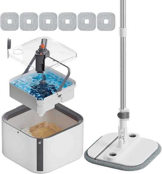 Upgraded Self-Standing Spin Mop and Bucket System, Detachable Inner Mop Bucket That Separates Dirty Water & 90° Foldable Head, Triple-Scrubbing System, for Hardwood Floors - White with 6 Pads