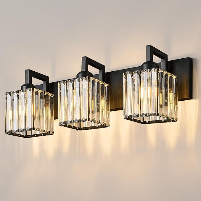 Modern Bathroom Vanity Light 3-Lights Black Crystal Wall Lamp Bathroom Modern Crystal Vanity Lighting