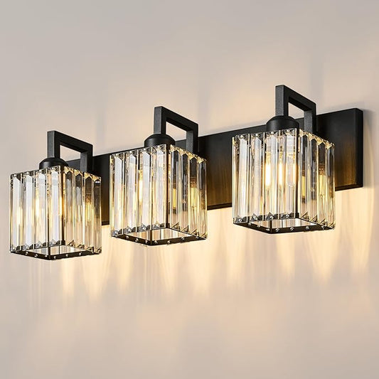 Modern Bathroom Vanity Light 3-Lights Black Crystal Wall Lamp Bathroom Modern Crystal Vanity Lighting