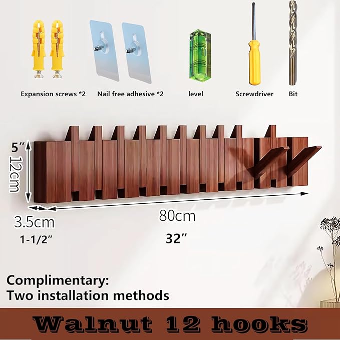 Wall Mounted Piano Key Hanger | Flip Style Hook | Entrance Wall Art Hook, Made of Oak Wood (3 Times Painted, 4 Times Polished) (Walnut, 12Hooks)