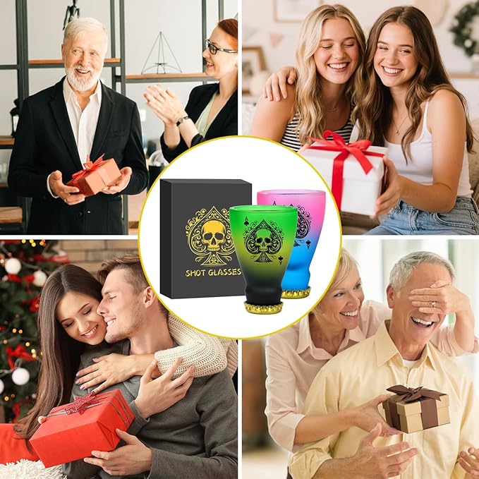 Spades Skull Pattern Glass Shot Glasses, Unique Wine Bottle Shot Glass, 43ml Shot Cups Set of 2 with Gift Box for Alcohol Shots, Vodka, Expresso, Tequila & Dessertsor, Gothic Christmas Gift