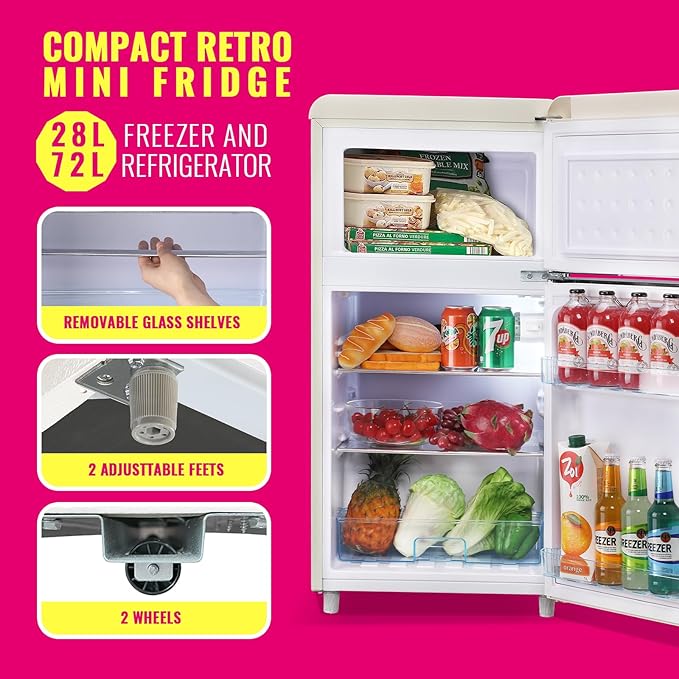 Retro Mini Fridge 3.5 Cu.ft Small Refrigerator with Top Freezer Compact Fridge Apartment Size Refrigerator Dual Door with Handles for Home Office Dorm