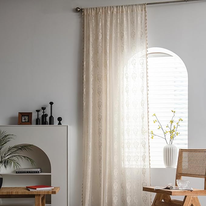 Sutuo Home Boho Sheer Curtains for Nursery Bedroom Kitchen,Bohemian Lace Curtains Crochet Florals Embroidery Handmade Knitted Tassels Vintage Chic Farmhouse Drape Rod Pocket 1 Panel 59" W x 72" L