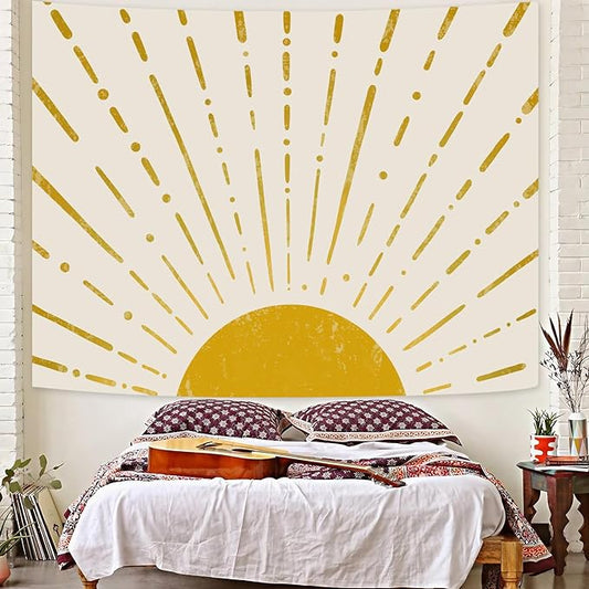Kanuyee Gold Boho Burning Sun Tapestry Wall Hanging, Retro 70s Abstract Vintage Geometric Line Sunrise Tapestries for Bedroom Living Room Backdrop 60×80 inch