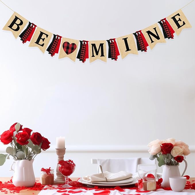 Valentine’s Day Party Decorations Be Mine Felt Sign Burlap Pennant Banner Flag Heart with Black Red Buffalo Plaid Fabric Ribbon for Valentine’s Day Wedding Birthday Party Supplies