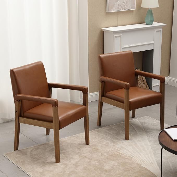 Kmax Modern Dining Chairs Set of 6 Faux Leather Kitchen Arm Chairs Upholstered Accent Chairs with Wooden Legs for Dining Room, Living Room, Bedroom, Brown