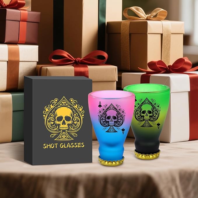 Spades Skull Pattern Glass Shot Glasses, Unique Wine Bottle Shot Glass, 43ml Shot Cups Set of 2 with Gift Box for Alcohol Shots, Vodka, Expresso, Tequila & Dessertsor, Gothic Christmas Gift