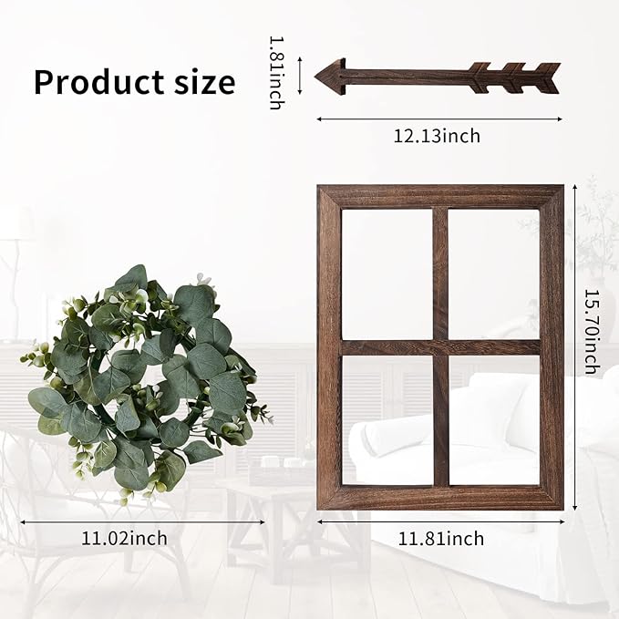 Rustic Wood Window Frame with Green Wreath and Arrows Wall Decor，Farmhouse Window Frame Hanging Decor,Wooden Fake Decoration,Window Pane Wall Decor,Set of 2 (Brown)