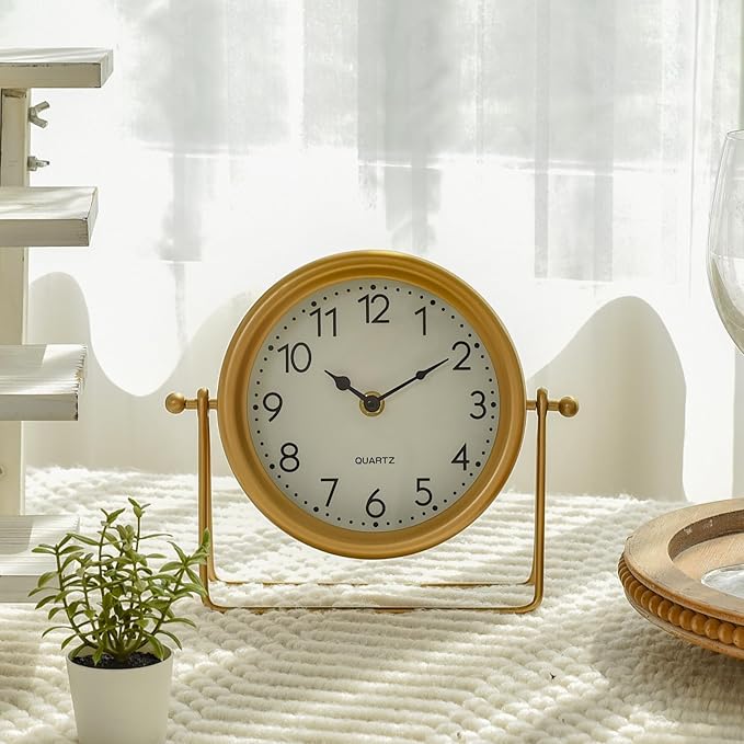 Vintage Golden Table Clock - Elegant Battery Operated Office, Living Room, and Bedroom Clock with Minimalist Design Gold Table Decor 22x19.5x5.5cm
