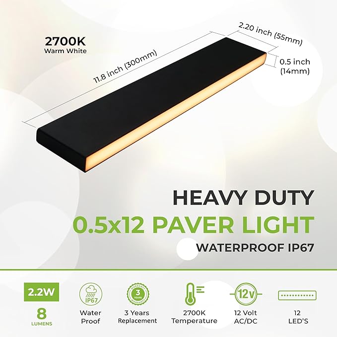 LUMENGY Paver Light Slim 0.5x12 Inch (0.55 x 11.8) Glare-Free Steel Lighting for Pavers, Brick, Walls, Driveways, Walkways & Pathways, 2700K Warm White, Waterproof, Drive-Over, Weird 12V AC/DC