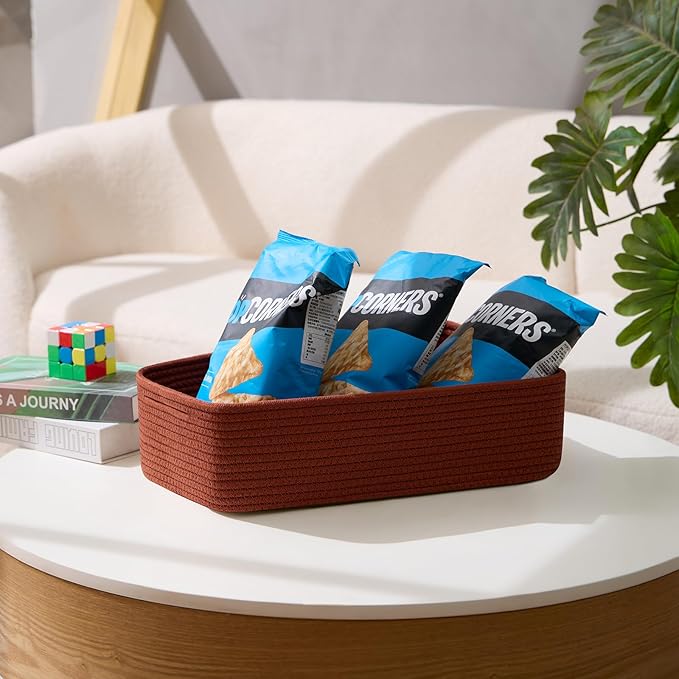 Large Shallow Organizing Baskets 15x11x5.1 Inches - Rope Woven Storage Bins for Bathroom, Shelves, Cube Closet, Red 2 Packs