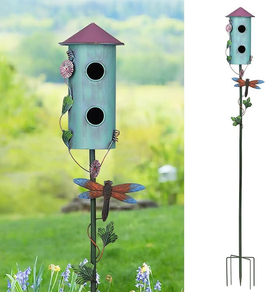 BAYN 57” Bird Houses Stake for Outside, Metal Wild Bird Feeder Double-Hole Birdhouse Stake with Cylinders Design Outdoor Decorations for Patio, Backyard, Garden