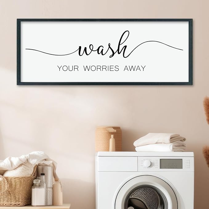 LuZhiQiang Wash Your Worries Away Sign Bathroom Wall Art Decor 40"×15" Large Wood Framed Laundry Room Funny And Artwork Wall Hanging (Black)