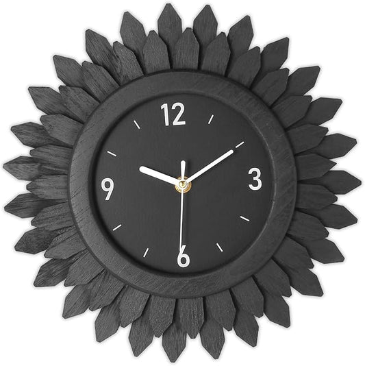 Honiway Wall Clock Battery Operated 12 Inch Rustic Wooden Boho Sunburst Decorative Wall Clock Silent Non-Ticking Black Wall Decor Clocks for Living Room Kitchen Bathroom Bedroom (Black)