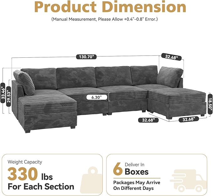 Modular Sectional Sofa, 130.7 Inch U Shaped Couch Set for Living Room, 4-Seater Comfy Cloud Couches with Two Movable Ottoman, Plush Corduroy, Gray