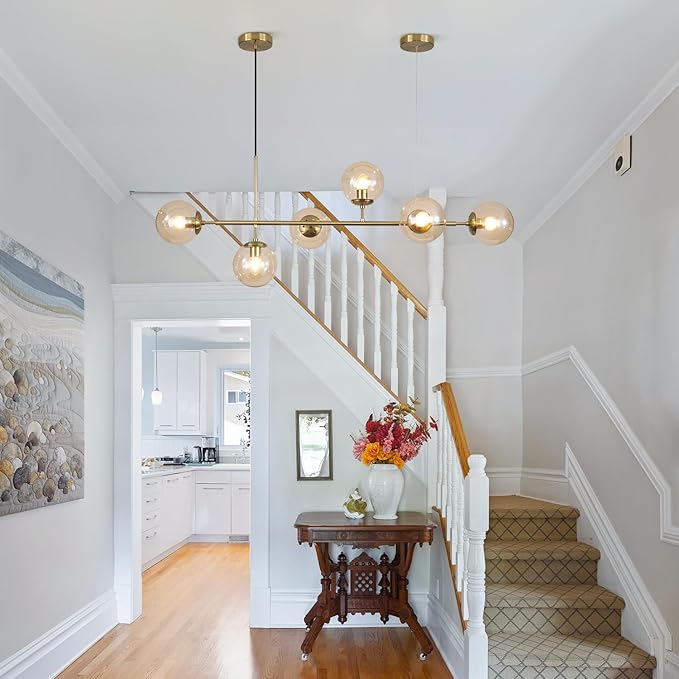 KCO Lighting Globe Linear Chandelier 6 Light Amber Glass Pendant Light Fixture Gold Kitchen Island Lighting Long Brass Sputnik Chandelier Dining Room Light Fixtures Over Table