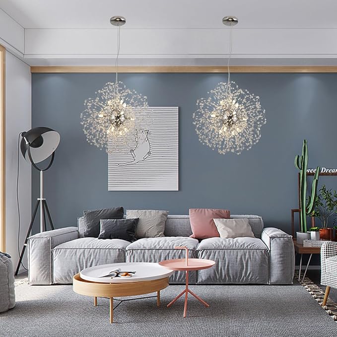 Modern Farmhouse Chandelier, Sputnik Crystal Beaded Pendant Lamp, Round Sunflower Chrome Hanging Light Fixtures for Dining Room Foyer Bedroom Kitchen Island (Chrome 12Lights)