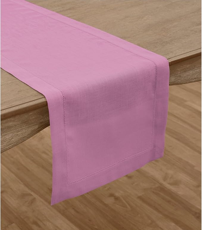 Solino Home Linen Violet Table Runner 90 Inches Long - 100% Pure Linen Hemstitch 14 x 90 Inch Table Runner for Dining, Halloween - Classic Hemstitch