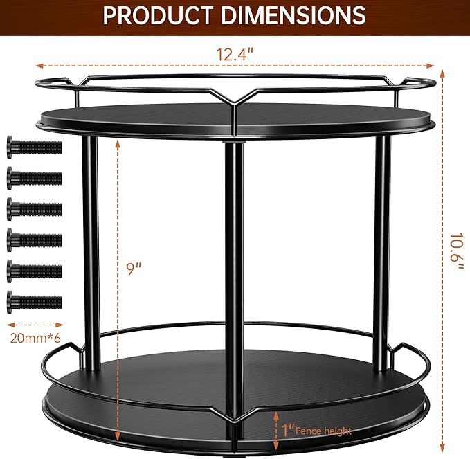 Lazy Susan Organizer 2 Tier - 12.4" Turntable Spice Rack for Table Top, Wooden Rotating Lazy Susan for Cabinet Pantry Kitchen Countertop Dining Table Cupboard Bathroom Vanity Storage(Black)