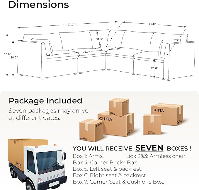 CHITA Sectional Modular Down Filled Coener Sofa, Comfty Feather V Shape Cloud Couch,FSC Certified V Shaped Couch for Living Room, 107 inch Width,4 Seat and 1 Middle Corner, Cream