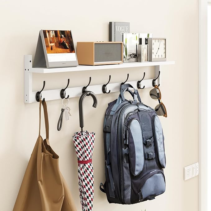 BAMEOS 35" L Wall Hooks with Shelf, Entryway Coat Hooks for Wall with Shelf, Wood Wall Hanging Shelf, Wall-Mounted Coat Rack with 7 Dual Metal Hooks for Bathroom, Kitchen, Living Room, Bedroom (White)