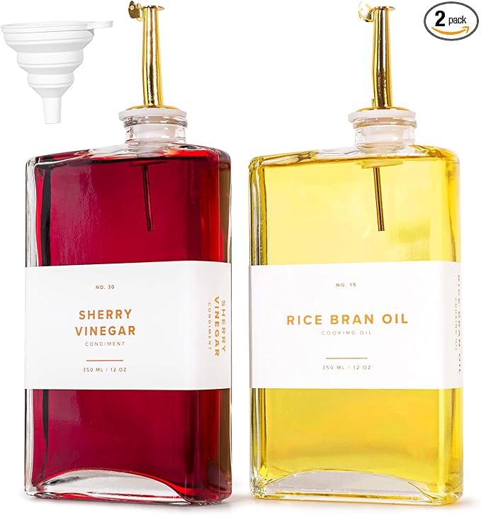 Glass Olive Oil Dispenser Bottle Set [2x17oz]: 36 Premium Gold Labels, Oil Dispenser for kitchen, Vinegar Bottle Set, Glass Dispensers for Soy Sauce, Syrup Bottles | Set of 2