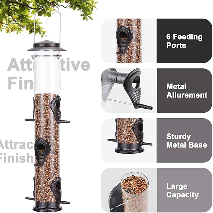 MIXXIDEA 1PK Metal Bird Feeders with 6 Feeding Ports,Tube Bird Feeder with Steel Hanger,Hard Plastic Wild Bird Feeder for Outdoors Hanging, Attracting Birds in Your Lawn, Garden, Balcony–Coffee