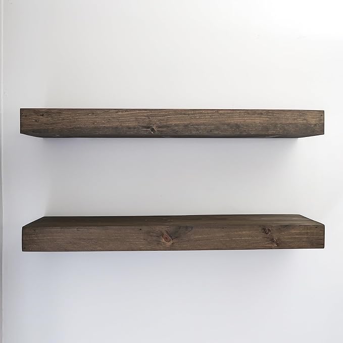 Modern Floating Shelves 3 Inches Thick for Wall, Wide Shelves for Kitchen, Living Room, Bedroom, and Bathroom, Natural Pine Wood, Rustic Wooden Shelf, (Set of 2) (Jacobean, 60Lx3Hx8D)