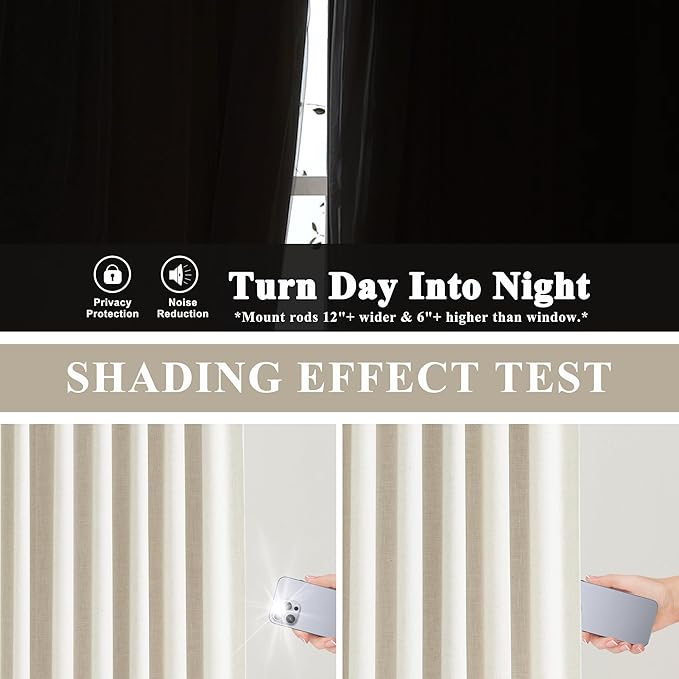 Vision Home Natural Pinch Pleated Full Blackout Curtains Linen Blended Room Darkening Window Curtains 102 inch for Living Room Bedroom Thermal Insulated Pinch Pleat Drapes with Hooks 40" Wx102 Lx2