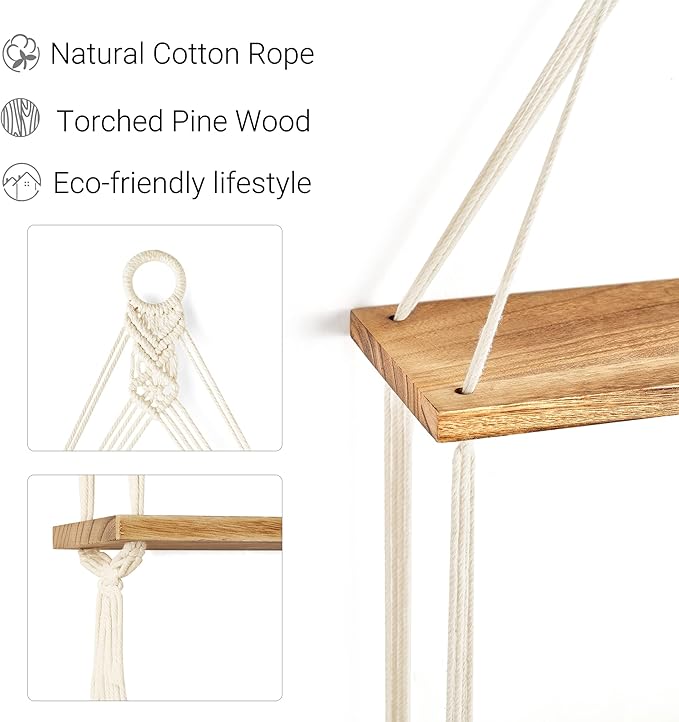 Mkono Macrame Hanging Shelf Boho Wall Decor 2 Tier Handmade Cotton Rope Rustic Wood Floating Shelves Display Photos Plants Hanging Storage Shelving for Living Room Nursery Bathroom Bedroom