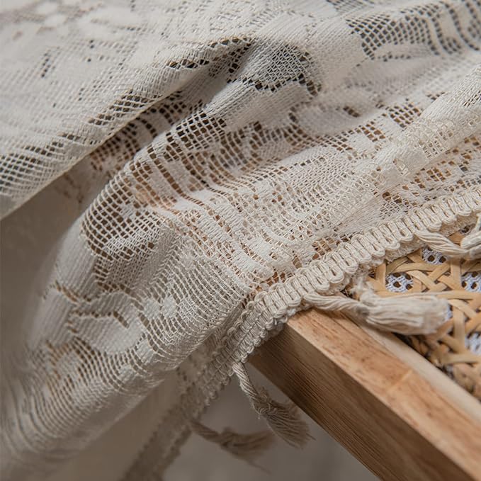 Sutuo Home Boho Kitchen Curtains Crochet Florals Embroidery, Bohemian Sheer Lace Curtains Handmade Knitted Tassels Vintage Chic Farmhouse Drape for Nursery Bedroom Rod Pocket 1 Panel 59" W x 63" L