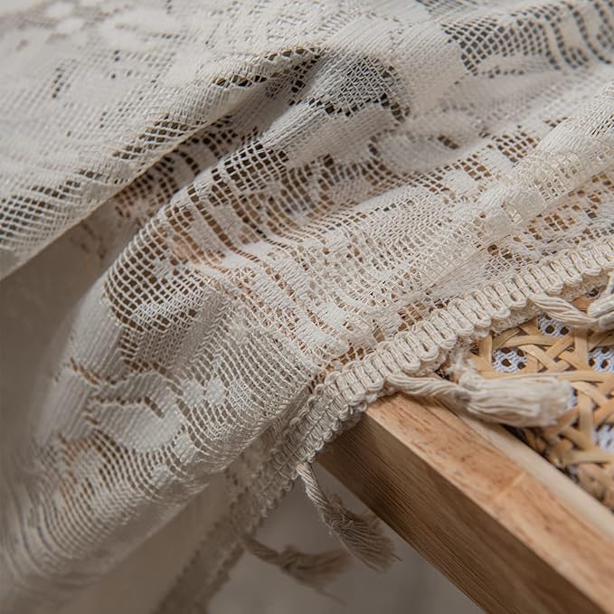 Sutuo Home Boho Sheer Curtains for Nursery Bedroom Kitchen,Bohemian Lace Curtains Crochet Florals Embroidery Handmade Knitted Tassels Vintage Chic Farmhouse Drape Rod Pocket 1 Panel 59" W x 72" L