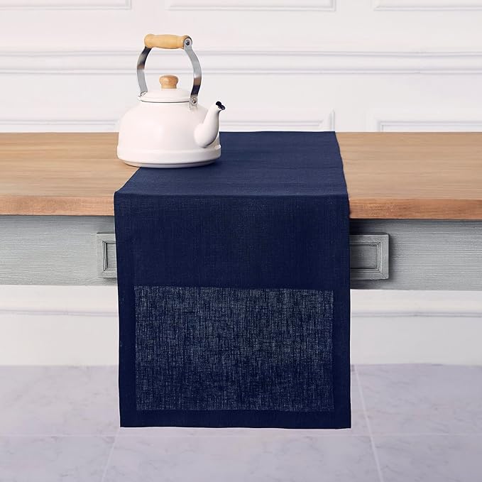Solino Home Linen Navy Table Runner 48 Inches - 100% Pure Linen Small Table Runner 14 x 48 Inch Ideal for Dresser and Coffee Tables - Fall, Autumn, Thanksgiving - Fete