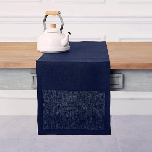 Solino Home Linen Navy Table Runner 48 Inches - 100% Pure Linen Small Table Runner 14 x 48 Inch Ideal for Dresser and Coffee Tables - Fall, Autumn, Thanksgiving - Fete