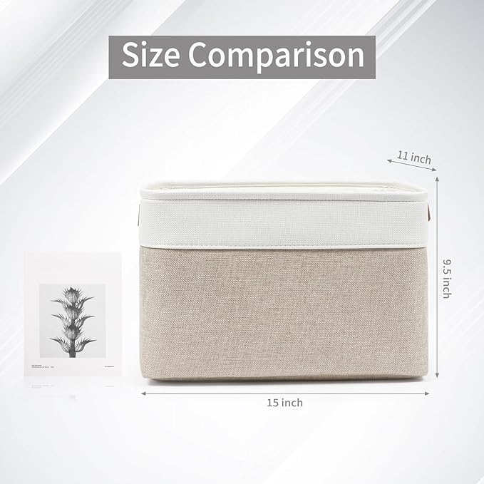 Storage Bins Large Fabric Storage Baskets for Shelves 3 Pack, Decorative Linen Closet Baskets with Handles for Organizing, Shelf, Clothes, Home, Office, 15x11x9.5Inches (Beige&White)