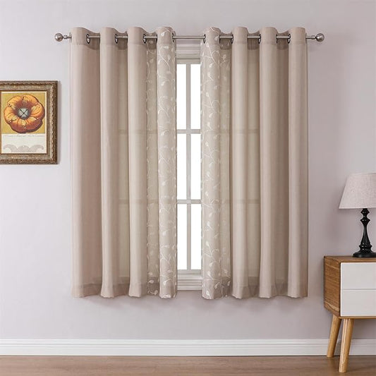 MIUCO Light Filtering Faux Linen Curtains, 63 Inch Length for Bedroom & Living Room, Linen Floral Embroidered Solid Mix and Match, Semi Sheer Grommet Farmhouse Drapes, 2 Panels Set