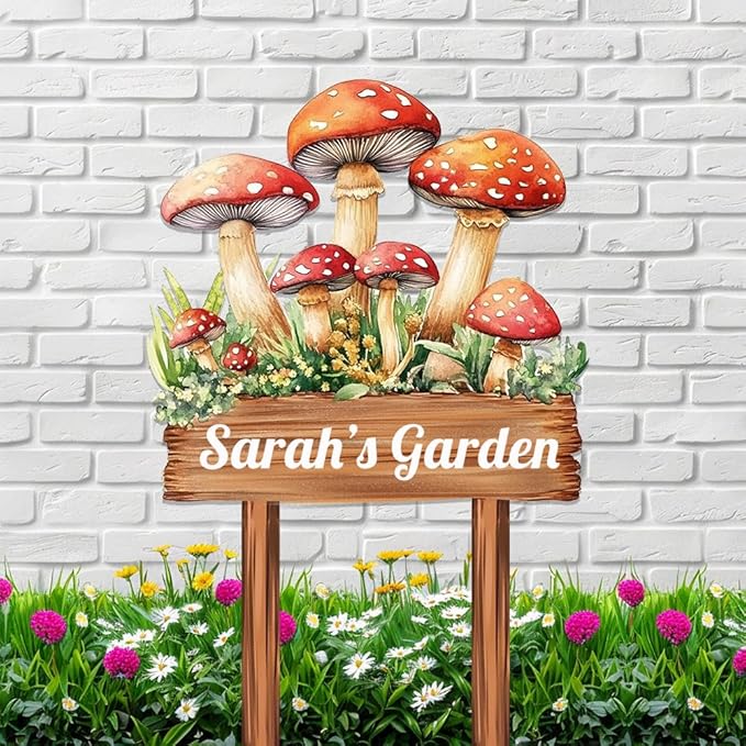 Personalized Mushroom Metal Sign with Stake,Custom Gardener Family Name Signs Outdoor Decor,Customized Flower Gardening Housewarming Gifts,Flowers Plaques for Patio Lawn Porch Backyard Farmhouse