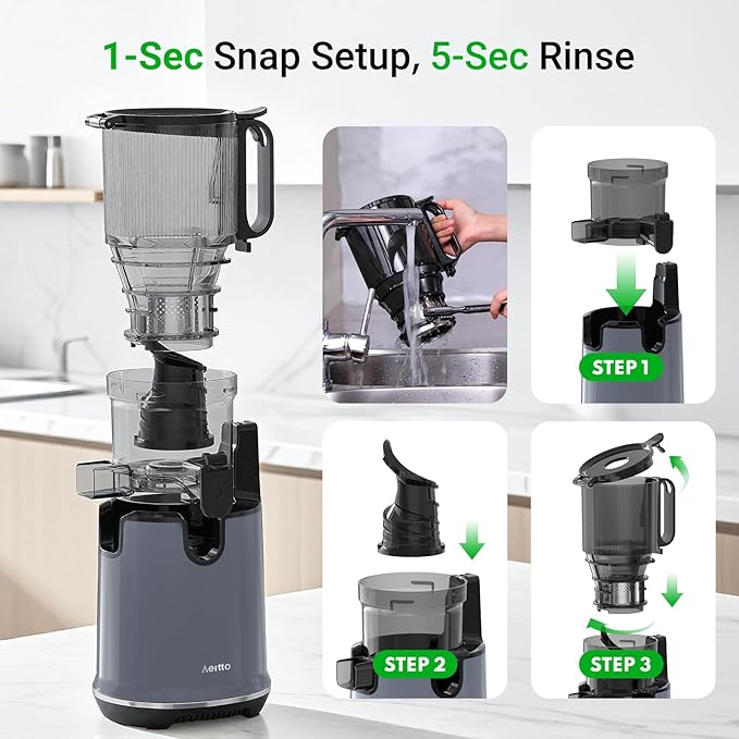 Juicer Machines,Aeitto Cold Press Juicer with 5.3“ Extra Large Feed Chute for Whole Fruits & Vegetables, Slow Masticating Juice Extractor, Self Feeding, Easy to Clean, High Juice Yield, Grey