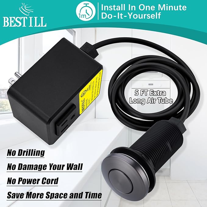 BESTILL Garbage Disposal Button, UL Listed, Cordless Sink Top Air Switch Kit for Waste Disposer, 3.6" Long Push Button with Brass Cover, Gunmetal Gray, Compatible with all Garbage Disposals