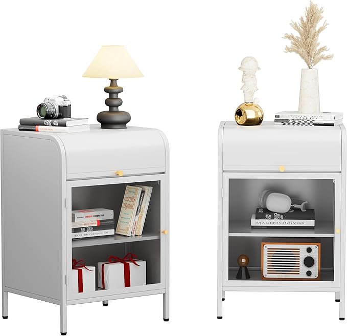 Modern Metal Side Tables Set of 2, End Tables with Glass Door, 2-Tier Nightstands with Storage Shelves, Accent Table, Slim Sofa Table for Living Room, Bedroom (White)