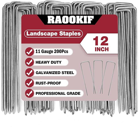 RAOOKIF 12 Inch Galvanized Garden Landscape Staples Stakes, 200Pcs Garden Metal Stakes, 11 Gauge Heavy Duty Ground Stakes for Decoration, Fence Stakes Lawn Stake, Fabric Pins