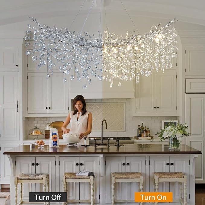 Modern Crystal Silver Chandelier, 55" Large Rectangular Oval Tree Branch Crystal Chandeliers for Dining Room,16-Light Flush Mount K9 Crystal Chandeliers, for Kitchen Island,Dining Room