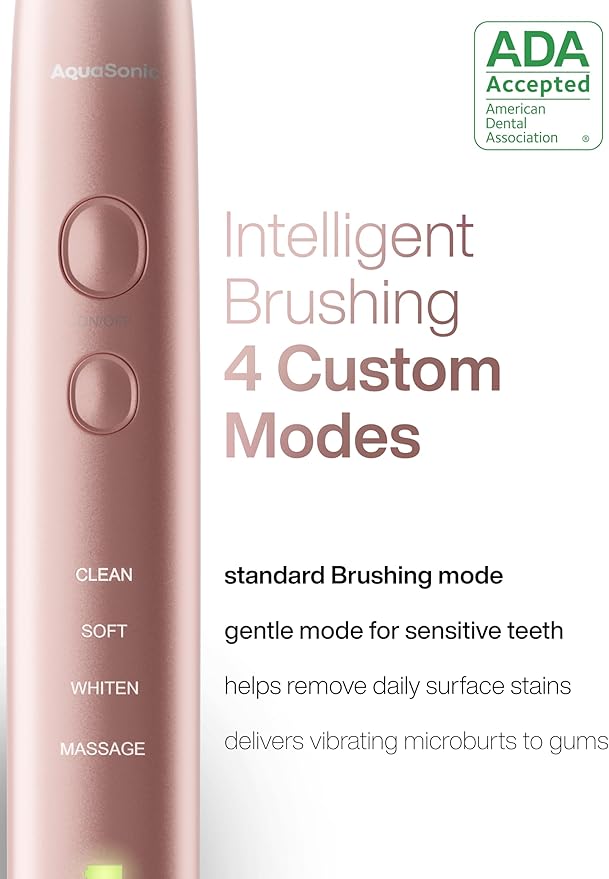 Aquasonic Vibe Series Ultra-Whitening Toothbrush – ADA Accepted Electric Toothbrush - 8 Brush Heads & Travel Case – 40,000 VPM Motor & Wireless Charging - 4 Modes w Smart Timer – Satin Rose Gold