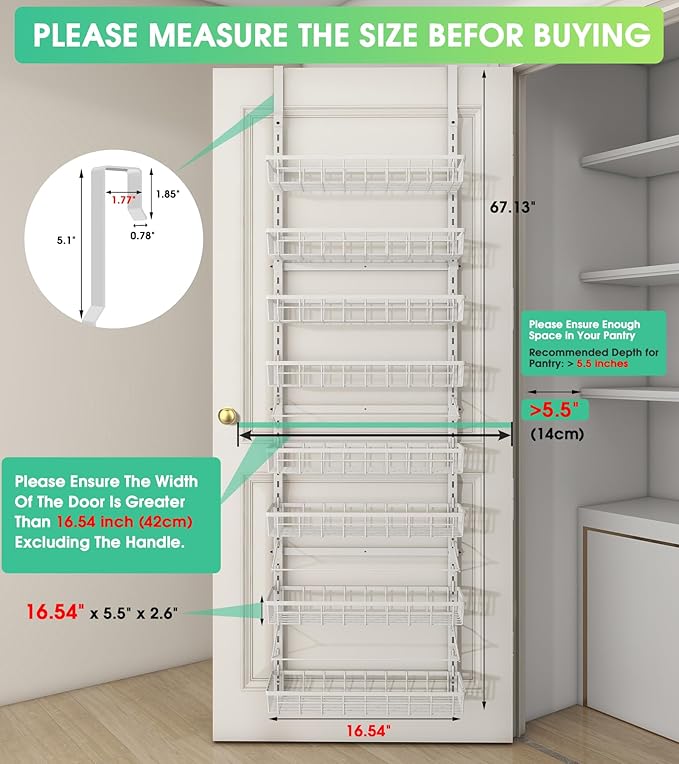 Over The Door Pantry Organizer, Wall Mount Spice Rack, Pantry Hanging Storage and Organization, 8 Adjustable Baskets Heavy-Duty Metal for Home & Kitchen, Back of Door Seasoning Rack - White
