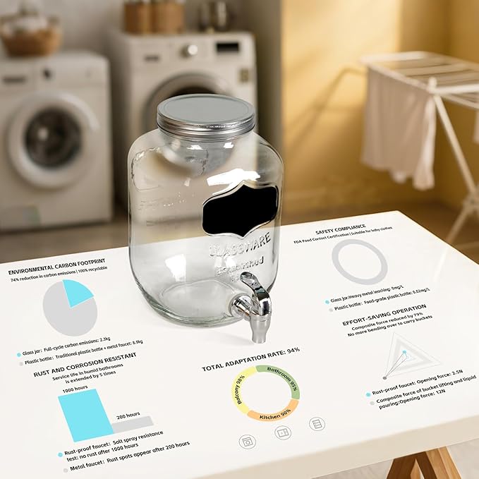 2-Pack 1 Gallon Glass Laundry Detergent Dispenser Set with Bamboo Lids and Stand - Liquid Soap and Fabric Softener Dispensers with Spigots, Cups, Labels and Mats, Laundry Room Organization and Storage