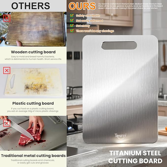 2 Pack Titanium Cutting Board- 100% Pure Titanium Cutting Boards For Kitche,Easy to clean,Double-sided food-grade Cutting Board For Cutting Meats, Fruits And Vegetables,M + L